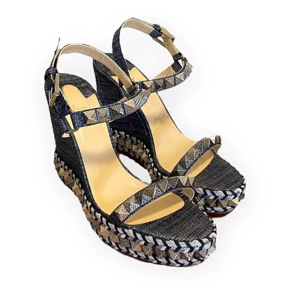 CHRISTIAN LOUBOUTIN Denim Lame Lux Pyraclou 110 Wedge Sandals |Size: 39|